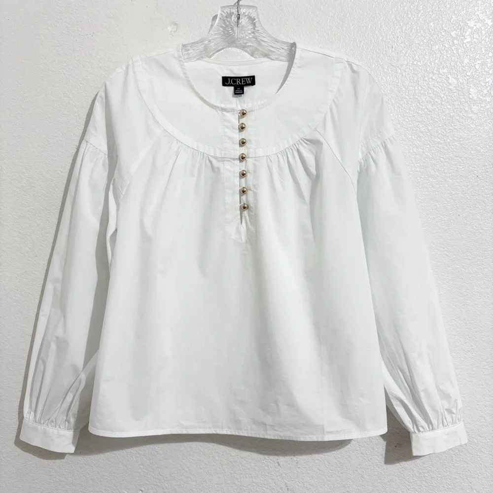 NWT J. Crew Shirred Popover Long Sleeve Cotton Poplin‎ Top in White